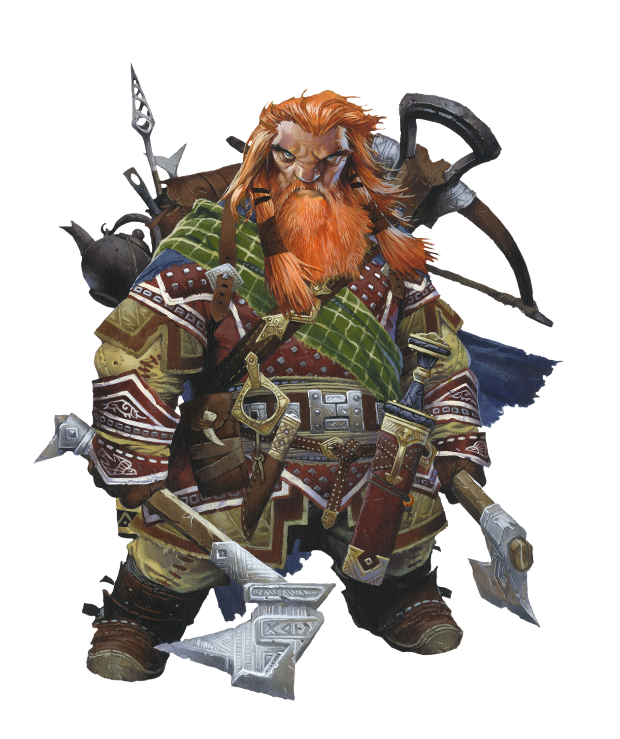 Harsk, iconic dwarf ranger. A red-headed dwarf holding an axe in each hand