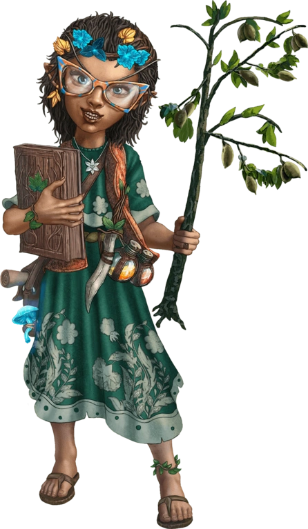 Nochtli Tlatoa, gnome arcane botanist of Kimanéz University, holds a tree sapling and a book. She carries potions, scrolls, and a dagger on her belt