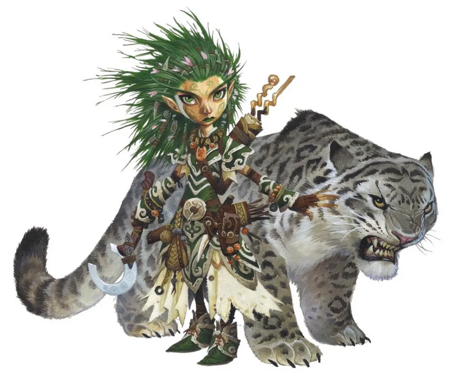 Lini, iconic gnome druid, and her snow leopard animal companion Droogami