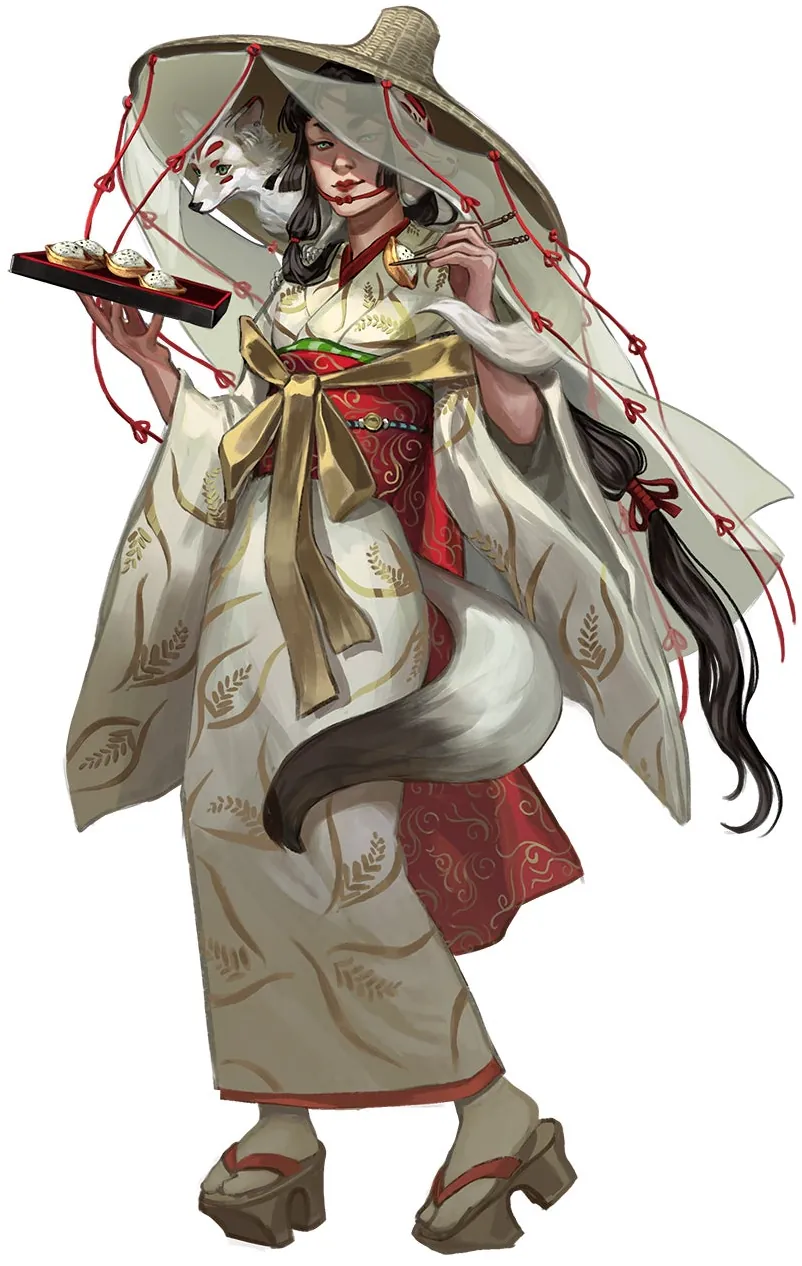 A kitsune woman wearing an elegant kimono, wooden sandals, and straw hat with veils. A white fox stands on her shoulder. She looks confident and sly