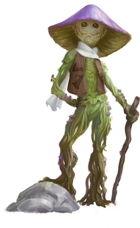 Rain in Cloudy Day, a mushroom leshy wearing a Pathfinder Society vest and a white scarf