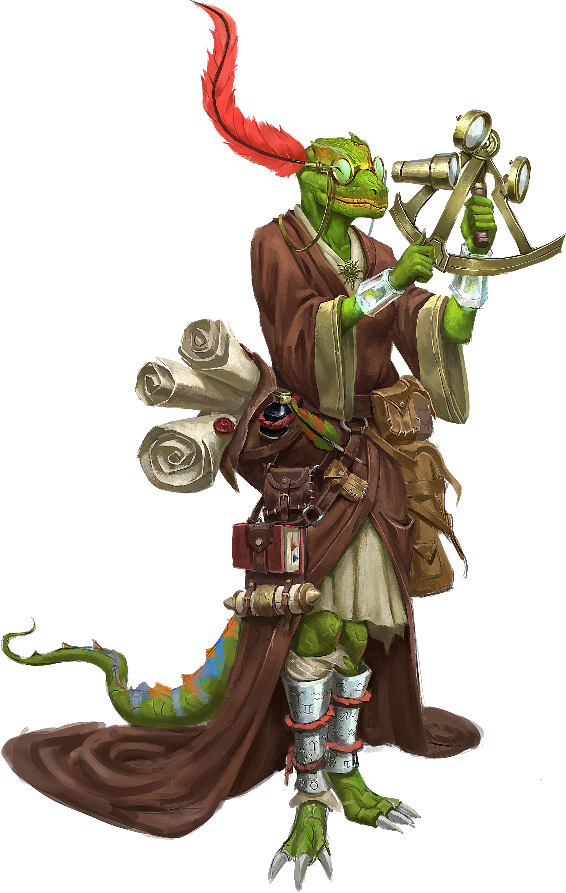 Lumki, an iruxi astrologer with a large red feather affixed to spectacles on her head, wearing brown robes and holding a sextant with many glass lenses