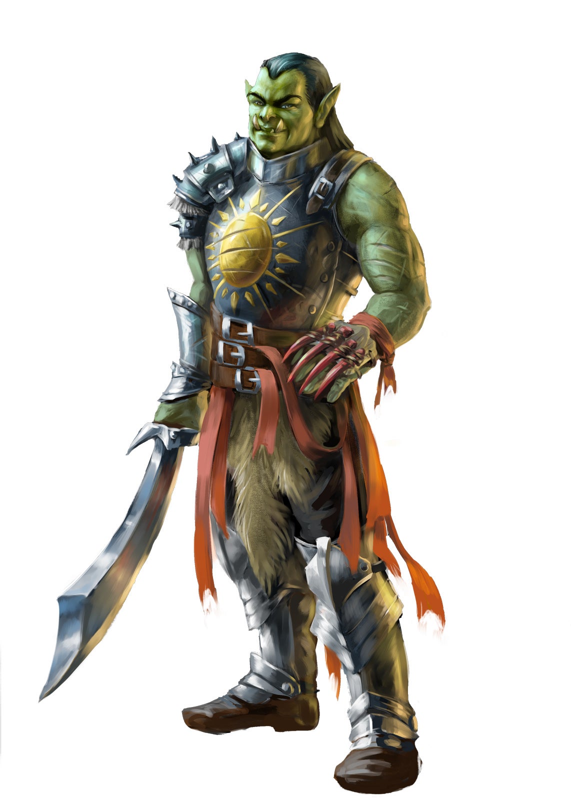 Uirch, orc warpriest of Sarenrae and member of the Burning Sun tribe, wields a scimitar and wears a breastplate