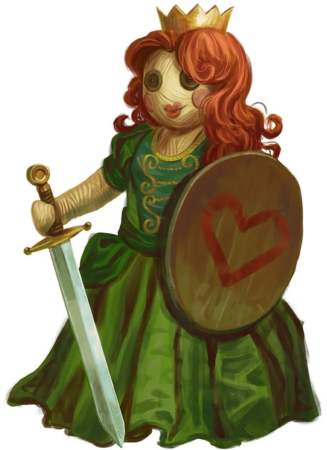 This child's princess doll has been given life as a wishborn poppet. It holds a sword and shield, ready to adventure