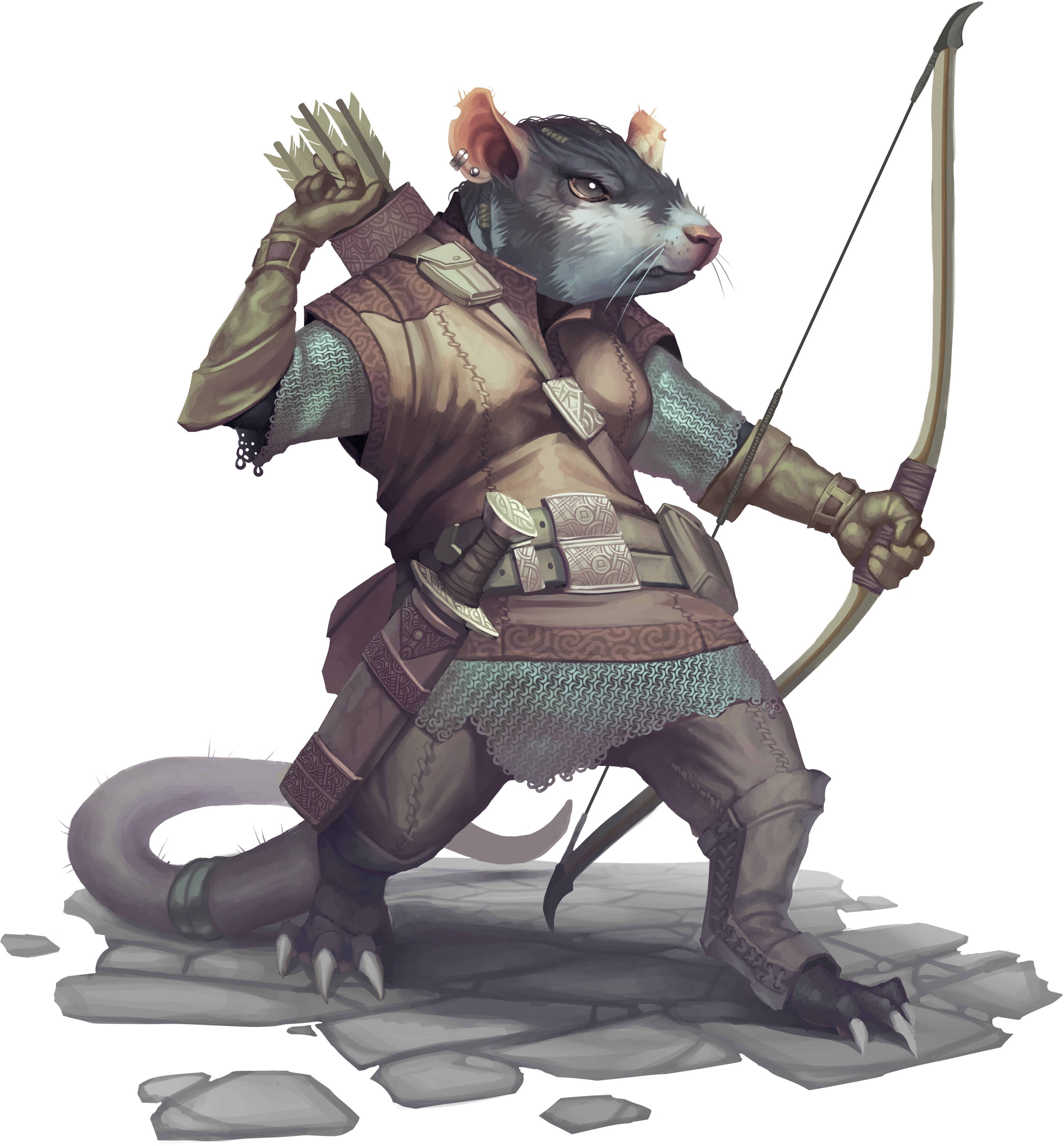 A ratfolk tower guard wields a composite longbow
