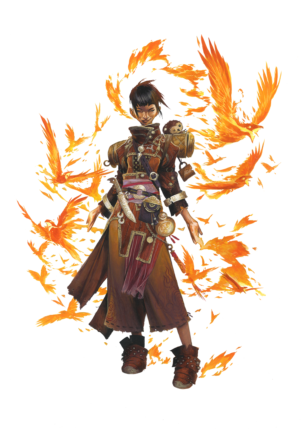 Yoon, iconic Tian-Hwan pyrokineticist, standing with her hands out surrounded by flaming birds