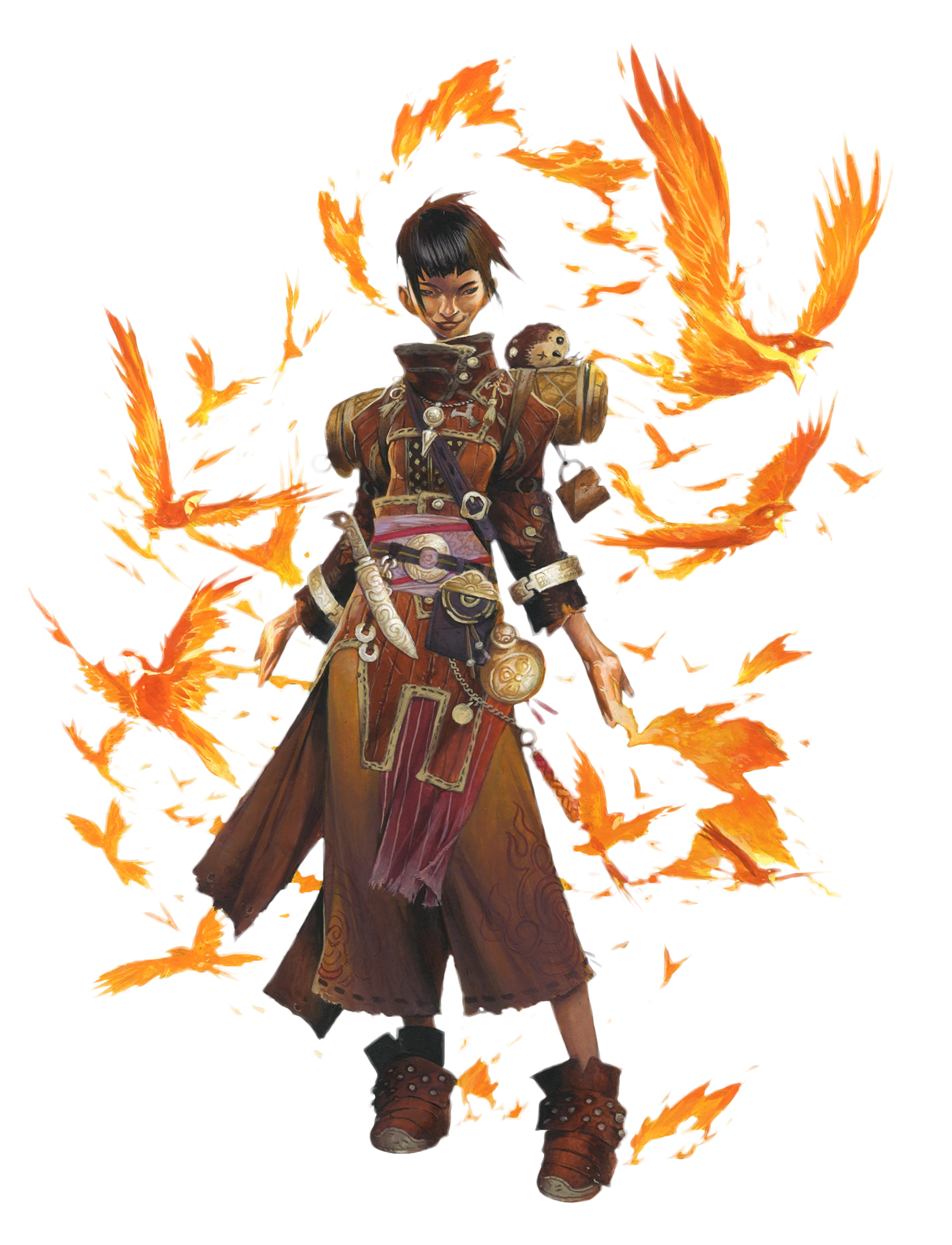 Yoon, iconic Tian-Hwan pyrokineticist, standing with her hands out surrounded by flaming birds