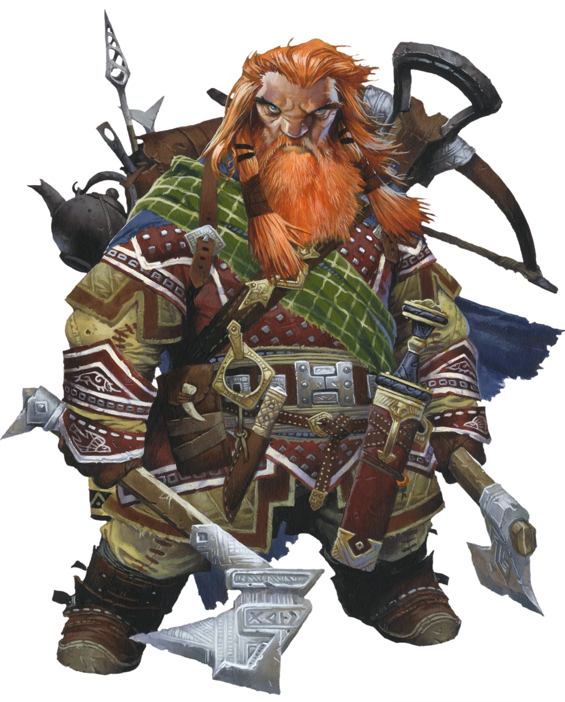 Harsk, iconic dwarf ranger. A red-headed dwarf holding an axe in each hand